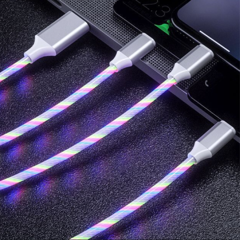 1-to-3 LED charging cable with rainbow lights, suitable for iPhone and Android devices.