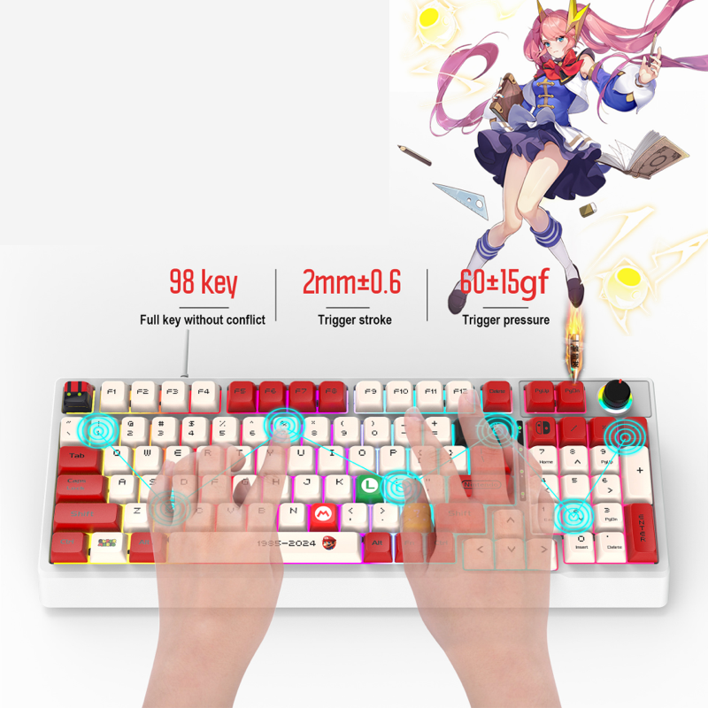 Wired mechanical keyboard with RGB lighting and 98-key rollover for esports gaming peripherals.