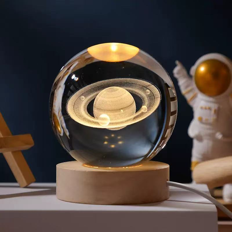 3D Engraved Crystal Ball Night Light with Wooden Base, Creative Desktop Decoration, Ideal Festival Gift