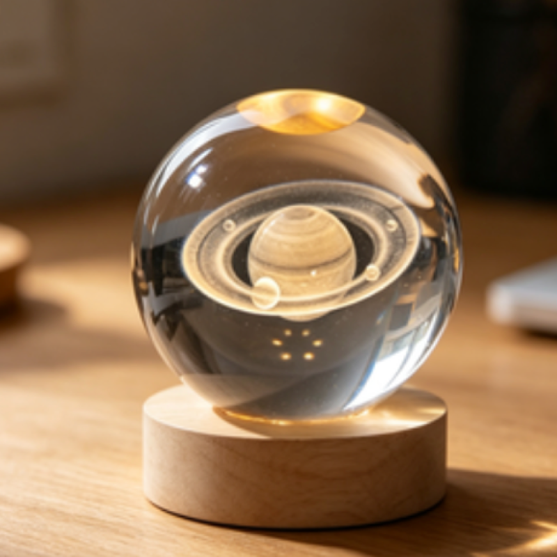 3D Engraved Crystal Ball Night Light with Wooden Base, Creative Desktop Decoration, Ideal Festival Gift