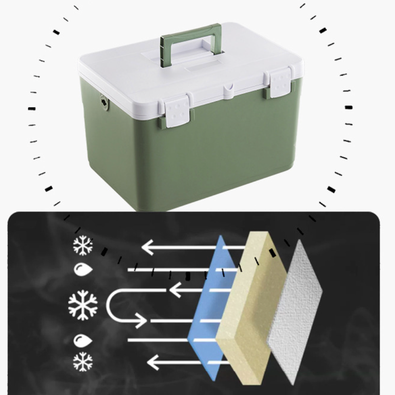 Portable insulated box for camping, fishing and vending, keeps items cold, warm and fresh for commercial use.