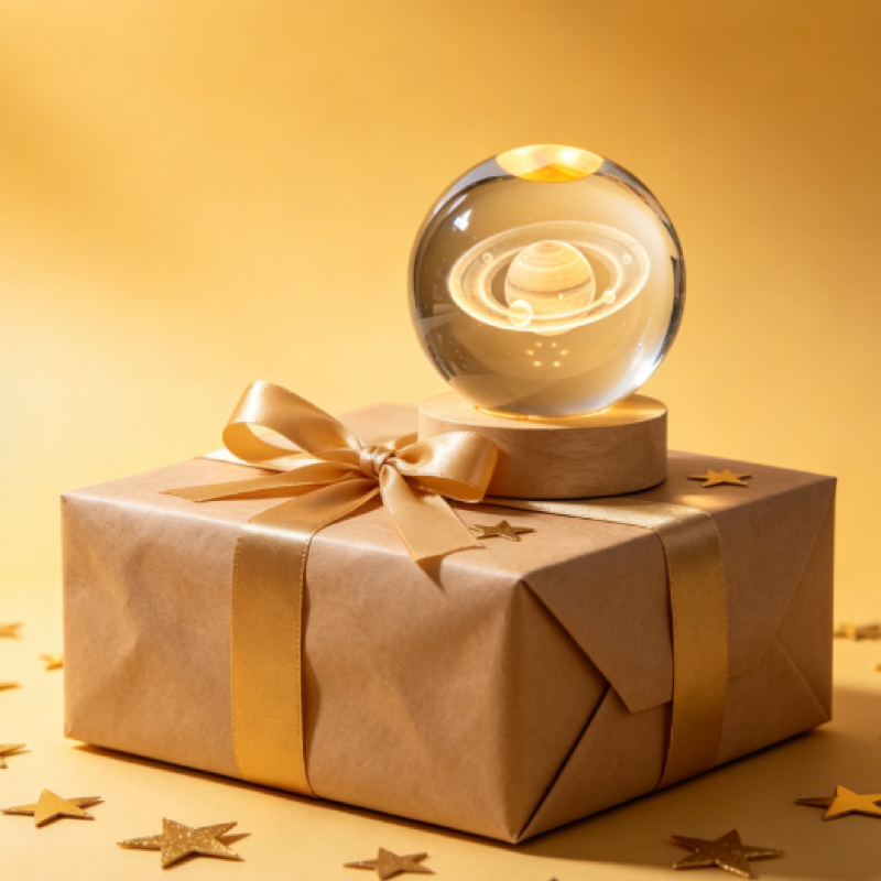 3D Engraved Crystal Ball Night Light with Wooden Base, Creative Desktop Decoration, Ideal Festival Gift