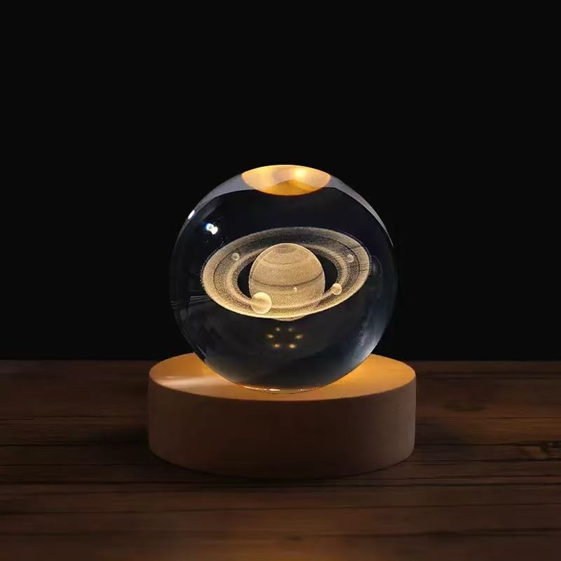 3D Engraved Crystal Ball Night Light with Wooden Base, Creative Desktop Decoration, Ideal Festival Gift