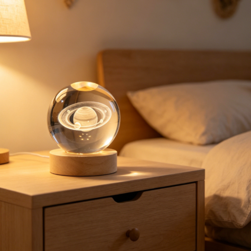 3D Engraved Crystal Ball Night Light with Wooden Base, Creative Desktop Decoration, Ideal Festival Gift