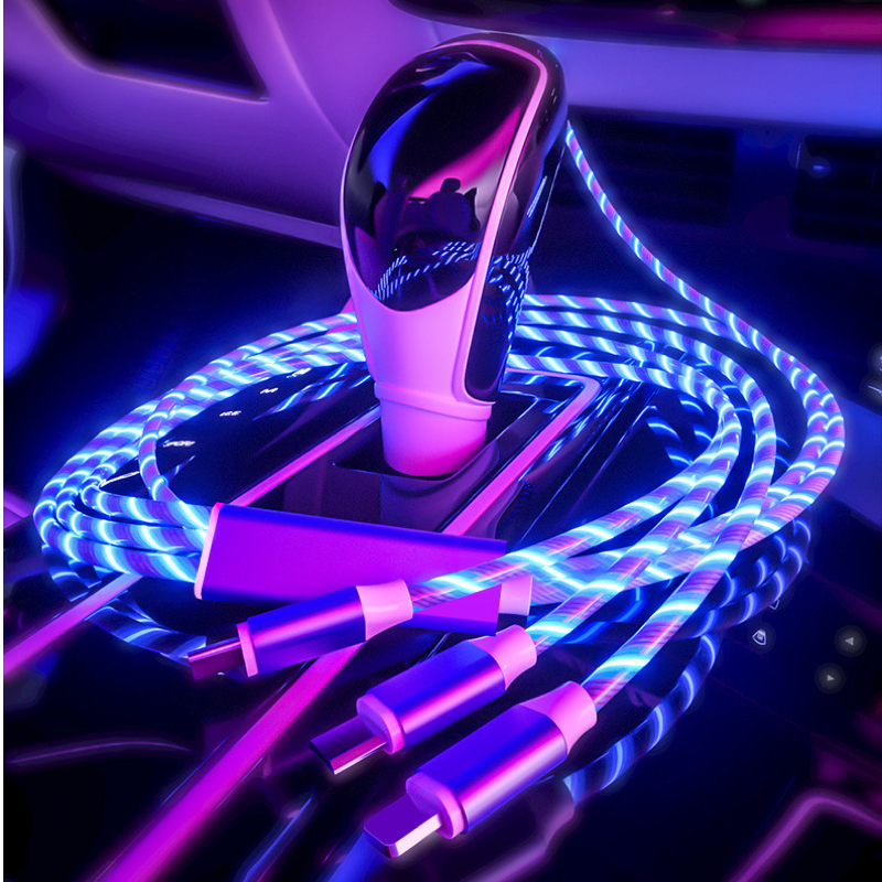 1-to-3 LED charging cable with rainbow lights, suitable for iPhone and Android devices.