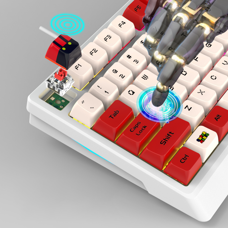 Wired mechanical keyboard with RGB lighting and 98-key rollover for esports gaming peripherals.