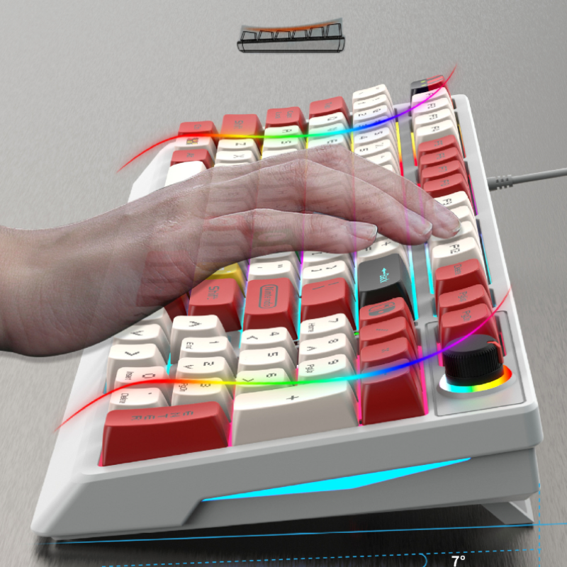 Wired mechanical keyboard with RGB lighting and 98-key rollover for esports gaming peripherals.