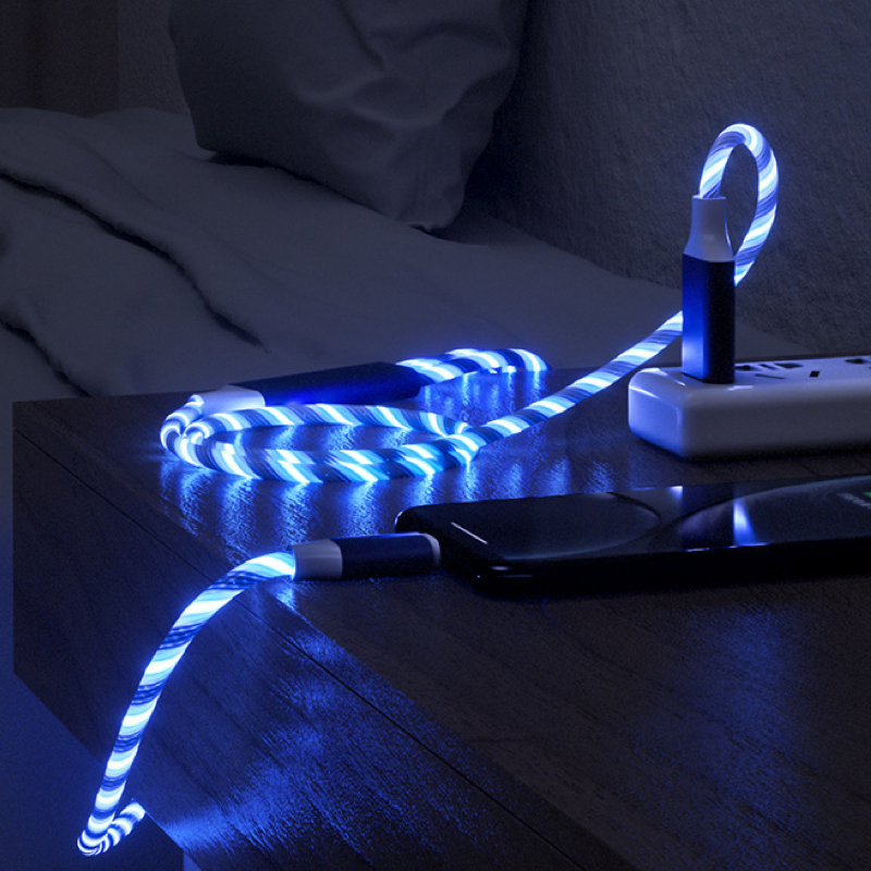 1-to-3 LED charging cable with rainbow lights, suitable for iPhone and Android devices.