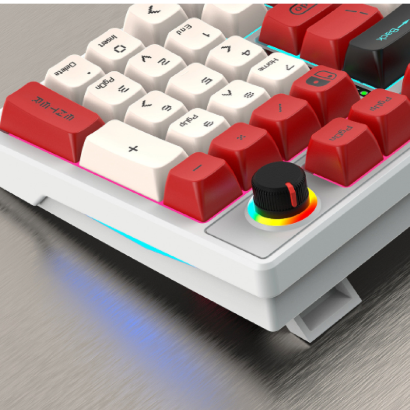 Wired mechanical keyboard with RGB lighting and 98-key rollover for esports gaming peripherals.