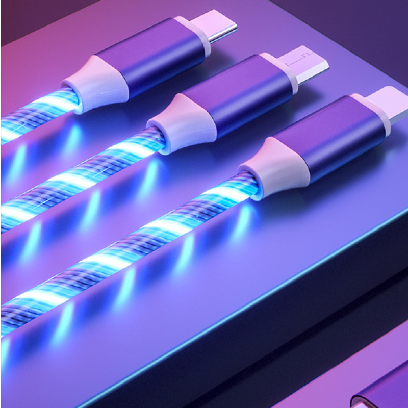 1-to-3 LED charging cable with rainbow lights, suitable for iPhone and Android devices.
