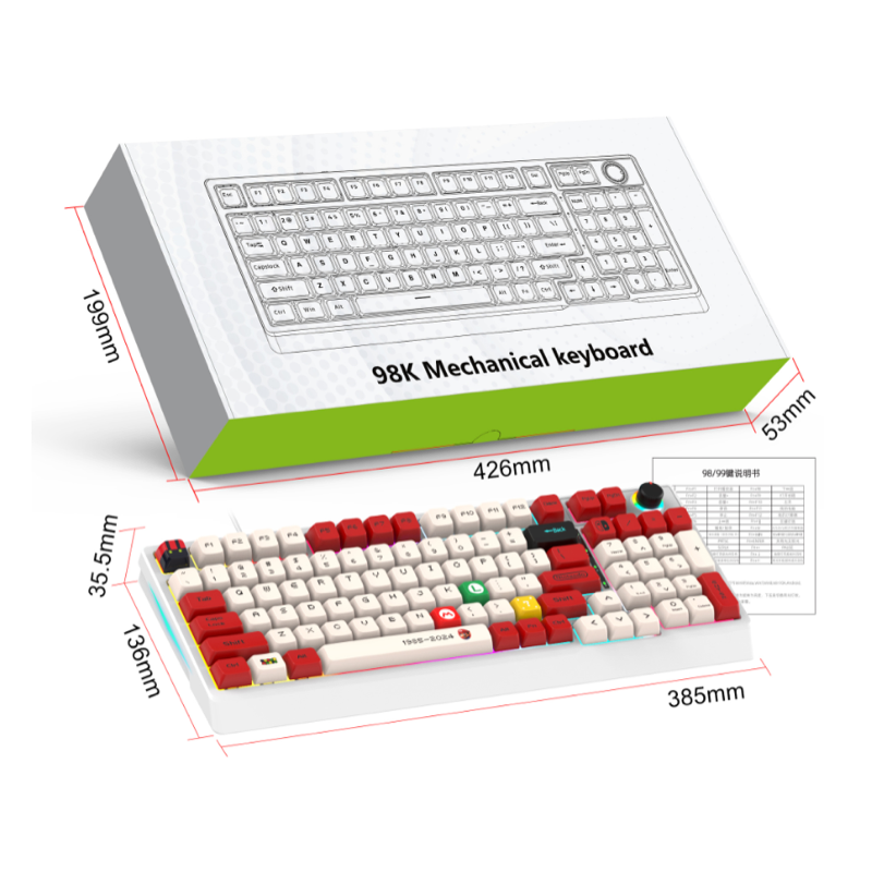 Wired mechanical keyboard with RGB lighting and 98-key rollover for esports gaming peripherals.