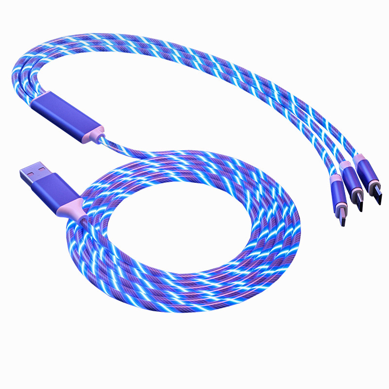 1-to-3 LED charging cable with rainbow lights, suitable for iPhone and Android devices.