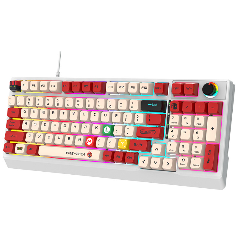 Wired mechanical keyboard with RGB lighting and 98-key rollover for esports gaming peripherals.
